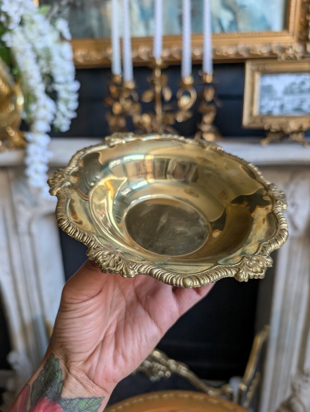 Vintage Rococo Style Gold Brass Bowl, Disk, Trinket, Ornate Scalloped Rim, 7"